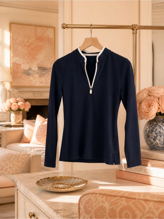 Tory Sport Tops - Tory Sport Navy Long-Sleeve Zip Mock Neck Top with White Trim